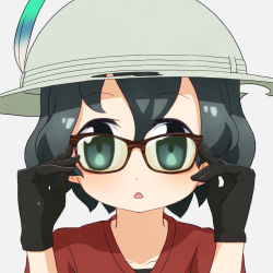 Rule 34 | 10s, 1girl, adjusting eyewear, bespectacled, black eyes, black gloves, black hair, commentary, glasses, gloves, hair between eyes, hands up, hat, hat feather, highres, kaban (kemono friends), kemono friends, looking at viewer, open mouth, portrait, red shirt, sat-c, shirt, short hair, simple background, solo, white background, white hat