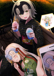 Rule 34 | 3girls, :d, ahoge, bad id, bad pixiv id, bench, black kimono, blonde hair, blue kimono, blush, braid, breasts, brown eyes, cellphone, closed eyes, commentary request, fate/grand order, fate (series), fingernails, floral print, food, green kimono, hair between eyes, hair ribbon, hands up, headpiece, heart, heart ahoge, highres, holding, holding phone, japanese clothes, jeanne d&#039;arc (fate), jeanne d&#039;arc (ruler) (fate), jeanne d&#039;arc alter (avenger) (fate), jeanne d&#039;arc alter (fate), jeanne d&#039;arc alter santa lily (fate), kimono, lap pillow, long hair, long sleeves, lying, multiple girls, obi, on bench, on side, open mouth, out of frame, outdoors, park bench, parted lips, phone, print kimono, red ribbon, ribbon, sasahara wakaba, sash, shaved ice, silver hair, single braid, sitting, small breasts, smile, taking picture, unmoving pattern, very long hair, wide sleeves