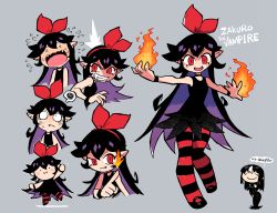 Rule 34 | 2girls, :3, = =, absurdres, black dress, black footwear, character name, chibi, chibi inset, closed mouth, dress, embarrassed, expressions, fang, fangs, fire, full body, hair ribbon, highres, looking at viewer, multicolored hair, multiple girls, noss (rariatto), original, pantyhose, pointy ears, pyrokinesis, rariatto (ganguri), red eyes, red ribbon, ribbon, shoes, speech bubble, streaked hair, striped legwear, sweatdrop, thighs, vampire, wavy mouth, zakuro (rariatto)