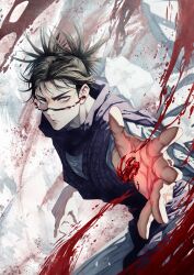 Rule 34 | 1boy, akigiri pp, blood, choso (jujutsu kaisen), expressionless, facial tattoo, fighting stance, grey eyes, highres, hood, hoodie, jujutsu kaisen, long sleeves, looking at viewer, male focus, outstretched hand, red hoodie, short twintails, solo, tattoo, twintails, upper body