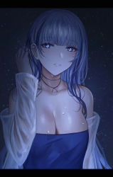 Rule 34 | 1girl, black background, blue dress, blue eyes, blunt bangs, breasts, chinese commentary, cleavage, commentary request, dress, girls&#039; frontline, girls&#039; frontline neural cloud, grin, hair behind ear, highres, hubble (neural cloud), jewelry, large breasts, necklace, see-through, selcky, sky, smile, star (sky), starry sky, strapless, strapless dress, upper body, wet
