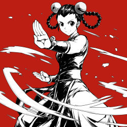 Rule 34 | 1girl, baggy pants, bare shoulders, bell, black hair, braid, braided hair rings, china dress, chinese clothes, commentary request, cowboy shot, dress, fatal fury, fighting stance, fish.boy, forehead, hair bell, hair ornament, hair rings, highres, kung fu, li xiangfei, long hair, monochrome, pants, pelvic curtain, red background, red theme, sash, smile, snk, solo, standing, the king of fighters, the king of fighters 2001, twin braids, vambraces