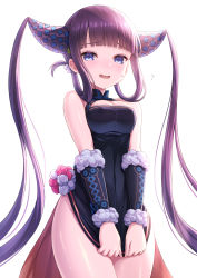 Rule 34 | 1girl, bare shoulders, black dress, blue eyes, blush, breasts, cleavage, commentary request, covering crotch, covering privates, dress, dress tug, fate/grand order, fate (series), fur trim, groin, hair ornament, hair rings, highres, looking at viewer, medium breasts, nose blush, open mouth, purple hair, short dress, simple background, solo, tomo (tmtm mf mf), twintails, wavy mouth, white background, yang guifei (fate), yang guifei (second ascension) (fate)