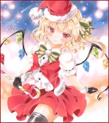 Rule 34 | 1girl, adapted costume, alternate headwear, bad id, bad pixiv id, black thighhighs, blonde hair, blush, border, candy, candy cane, colored pencil (medium), contrapposto, flandre scarlet, food, fur trim, gloves, hair ribbon, hat, looking at viewer, marker (medium), open clothes, open vest, potto, potto (minntochan), puffy short sleeves, puffy sleeves, red eyes, ribbon, sample watermark, santa hat, shooting star, short hair, short sleeves, side ponytail, skirt, skirt set, slit pupils, smile, solo, standing, thighhighs, touhou, traditional media, vest, watermark, wings
