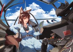 Rule 34 | 1girl, aircraft, airplane, animal ear fluff, animal ears, belt, bird, breasts, brown hair, cleavage, fang, highres, imaizumi kagerou, jewelry, kagami toufu, leather belt, lever, long hair, map, monster girl, necklace, outdoors, pendant, red eyes, sky, tail, touhou, wolf ears, wolf tail
