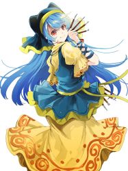 Rule 34 | 1girl, arm ribbon, azuma aya, between fingers, blue hair, chisel, commentary, dress, haniyasushin keiki, head scarf, holding, long hair, looking at viewer, looking back, red eyes, ribbon, short sleeves, simple background, single strap, smile, solo, symbol-only commentary, touhou, white background, wood carving tool, yellow dress