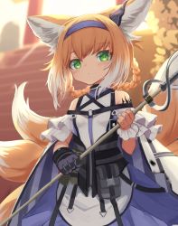 Rule 34 | 1girl, absurdres, animal ears, arknights, bare shoulders, blonde hair, blurry, blurry background, closed mouth, depth of field, dot mouth, dot nose, dress, fox ears, fox tail, gloves, green eyes, grey gloves, hairband, highres, holding, holding staff, klaius, looking at viewer, material growth, medium hair, multicolored hair, multiple tails, oripathy lesion (arknights), purple dress, single glove, solo, staff, stairs, suzuran (arknights), tail, torii, two-tone hair, white hair