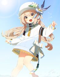 Rule 34 | 1girl, :d, blush, bow, commission, dress, flower, hand up, hat, hat flower, highres, light brown hair, long hair, long sleeves, looking at viewer, mamyouda, nail polish, open mouth, orange eyes, orange nails, signature, skeb commission, smile, solo, vrchat, water, white bow, white hat