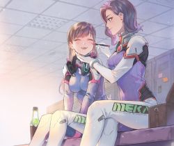 Rule 34 | 2girls, applying makeup, artist request, bench, brown hair, commentary, d.mon (overwatch), d.va (overwatch), drink, earrings, closed eyes, facepaint, hand on another&#039;s chin, happy, headphones, jewelry, locker, locker room, makeup, marker, meka (overwatch), multiple girls, nano cola, overwatch, overwatch 1, plugsuit, purple hair, sitting, smile, soda, soda bottle, touching another&#039;s chin