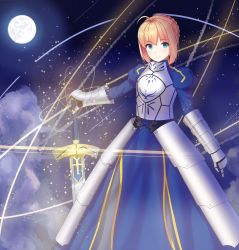 Rule 34 | 1girl, ahoge, armor, armored dress, artoria pendragon (fate), bad id, bad pixiv id, blonde hair, blue eyes, excalibur (fate/stay night), fate/stay night, fate (series), gauntlets, glowing, highres, holding, holding weapon, light particles, looking at viewer, moon, night, saber (fate), smile, solo, standing, sword, type-moon, unscpro, weapon
