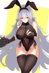 Rule 34 | 1girl, absurdres, animal ears, azur lane, bare shoulders, black one-piece swimsuit, black thighhighs, blush, breasts, bridal gauntlets, brown thighhighs, casual one-piece swimsuit, clothing cutout, cross, fake animal ears, gluteal fold, graf zeppelin (azur lane), graf zeppelin (beachside urd) (azur lane), highleg, highleg leotard, highres, impossible clothes, impossible swimsuit, iron cross, large breasts, leotard, long hair, navel cutout, one-piece swimsuit, photoshop (medium), rabbit ears, red eyes, revision, see-through, silver hair, skindentation, solo, swimsuit, thighhighs, very long hair, wjn-rance