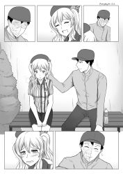 Rule 34 | 10s, 1boy, 1girl, beret, bottle, burn scar, comic, commentary, employee uniform, greyscale, hand on another&#039;s face, hat, highres, kantai collection, kashima (kancolle), lawson, monochrome, monochrome, robba-san (wangphing), scar, smile, tearing up, tears, twintails, uniform, wangphing