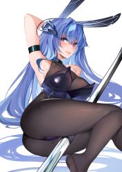 Rule 34 | 1girl, absurdres, animal ears, arm up, armpits, ass, azur lane, bare shoulders, blue eyes, blue hair, bodysuit, breasts, cleavage, closed mouth, female focus, hair intakes, heart, heart-shaped pupils, highres, leotard, long hair, lying, new jersey (azur lane), new jersey (exhilarating steps!) (azur lane), official alternate costume, on side, pantyhose, playboy bunny, pole, rabbit ears, see-through, see-through cleavage, solo, stripper pole, symbol-shaped pupils, thighs, very long hair, yaoshan shi