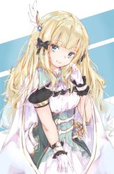 Rule 34 | 1girl, blonde hair, blue background, blue eyes, blunt bangs, capelet, cloak, head tilt, highres, pointy ears, princess connect!, saren (princess connect!), shin murasame, simple background, solo, white background