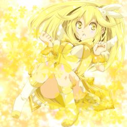 Rule 34 | 10s, 1girl, blonde hair, boots, breasts, cure peace, dress, covered erect nipples, full body, hair flaps, hair ornament, hairpin, kasetsu, kise yayoi, long hair, magical girl, medium breasts, precure, skirt, smile precure!, solo, wrist cuffs, yellow background, yellow dress, yellow eyes, yellow skirt, yellow theme