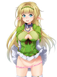 Rule 34 | 10s, 1girl, aqua eyes, blonde hair, blush, bracelet, breasts, cleavage, clothes lift, collar, covered erect nipples, elbow gloves, elf, gloves, gluteal fold, highres, isekai maou to shoukan shoujo no dorei majutsu, ison, jewelry, large breasts, lifted by self, long hair, looking at viewer, lowleg, lowleg panties, metal collar, open mouth, panties, pink panties, pointy ears, shera l. greenwood, signature, simple background, skirt, skirt lift, solo, standing, thighhighs, underwear, white background
