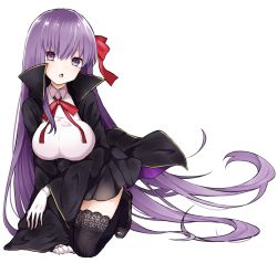 Rule 34 | 10s, 1girl, absurdly long hair, bb (fate), bb (fate/extra), black cape, black skirt, black thighhighs, breasts, cape, fate/extra, fate/extra ccc, fate (series), full body, gloves, hair between eyes, hair ribbon, highres, kneeling, large breasts, long hair, miniskirt, neck ribbon, open mouth, pleated skirt, purple eyes, purple hair, red ribbon, ribbon, shirt, simple background, skirt, solo, takae (poupee en biscuit), thighhighs, very long hair, white background, white gloves, white shirt