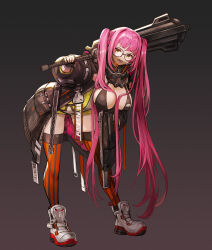 Rule 34 | 1girl, belt, black background, breasts, club (weapon), fingerless gloves, full body, glasses, gloves, goomrrat, gradient background, hand on pocket, highres, holding, holding weapon, jacket, large breasts, long hair, original, pink hair, red thighhighs, shoes, sneakers, thighhighs, twintails, very long hair, weapon, yellow eyes
