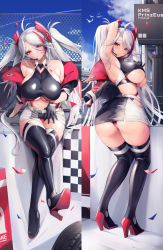 Rule 34 | 1girl, arm up, armpits, ass, azur lane, belt, black footwear, black gloves, blue sky, boots, breasts, chain-link fence, character name, checkered flag, chinese commentary, clothing cutout, commentary, cropped jacket, cropped shirt, dakimakura (medium), earpiece, english commentary, fence, flag, full body, gloves, half gloves, hand in own hair, hand on own chest, headgear, high heel boots, high heels, jacket, long hair, looking at viewer, mixed-language commentary, multicolored hair, multiple views, official alternate costume, panties, panty straps, pantyshot, prinz eugen (azur lane), prinz eugen (final lap) (azur lane), purple jacket, race queen, red hair, red panties, sky, streaked hair, thigh boots, tire, two-tone hair, two-tone skirt, underboob, underboob cutout, underwear, very long hair, white belt, white hair, yusha m