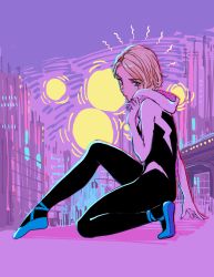 Rule 34 | 1girl, absurdres, animification, arm support, asymmetrical hair, blonde hair, blue eyes, bodysuit, bomhat, bridge, building, city, eyebrow piercing, eyes visible through hair, from side, highres, hood, hood down, hooded bodysuit, lamppost, looking at viewer, marvel, piercing, short hair, sitting, solo, spider-man: into the spider-verse, spider-man (series), spider-verse, spider web print
