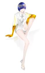 Rule 34 | alternate hairstyle, androgynous, asymmetrical hair, bad id, bad twitter id, blue hair, dong hyun lee, gender request, golden arms, hair over one eye, high heels, highres, houseki no kuni, looking at viewer, necktie, phosphophyllite, phosphophyllite (ll), short hair, signature, sitting, smile, solo, spoilers, vivaclap, white background, white eyes