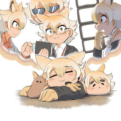 Rule 34 | 1girl, alternate costume, black jacket, blonde hair, blush, choker, closed eyes, collared shirt, commentary request, coyopotato, coyote (kemono friends), wolf ears, extra ears, formal, glasses, gloves, grey jacket, highres, jacket, kemono friends, kemono friends v project, long sleeves, mcgunngu, microphone, multicolored hair, multiple views, notebook, red shirt, shirt, short hair, smile, spaghetti strap, sparkle, suit, sunglasses, virtual youtuber, white choker, white hair, white shirt, yellow gloves