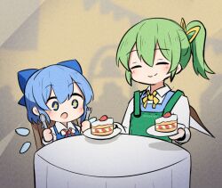 Rule 34 | + +, 2girls, :d, apron, blue eyes, blue hair, cake, cirno, closed eyes, closed mouth, commentary, daiyousei, detached wings, english commentary, fairy wings, ferdy&#039;s lab, food, fork, green apron, green hair, holding, holding fork, holding spoon, ice, ice wings, long sleeves, multiple girls, open mouth, short hair, smile, spoon, table, touhou, twitter username, wings