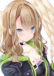 Rule 34 | 1girl, black bodysuit, black jacket, blue eyes, bodysuit, breasts, brown hair, cleavage, closed mouth, eunie (xenoblade), feathered wings, grabbing another&#039;s wing, hair between eyes, hand up, head wings, highres, hood, hood down, hooded jacket, jacket, long hair, medium breasts, nail polish, nanase nao, open clothes, open jacket, pink nails, simple background, solo, white background, white wings, wings, xenoblade chronicles (series), xenoblade chronicles 3