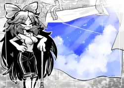 Rule 34 | 1girl, alternate costume, bow, cape, casual, clothesline, cloud, day, closed eyes, hair bow, hand on own hip, image sample, long hair, open mouth, pants, reiuji utsuho, shirt, sky, smile, solo, spot color, t-shirt, third eye, touhou, wings, yt (wai-tei)