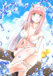 Rule 34 | 10s, aqua eyes, barefoot, bikini, blush, breasts, brick, cleavage, cloud, cloudy sky, cup, darling in the franxx, day, drink, drinking glass, drinking straw, dutch angle, feet, flower, food, foreshortening, fruit, hairband, highres, horns, ice, ice cube, lemon, lemon slice, lens flare, long hair, looking at viewer, medium breasts, midriff, navel, pink hair, realdragon, sitting, sky, soles, solo, strap slip, swimsuit, toes, tongue, tongue out, water, white bikini, zero two (darling in the franxx)