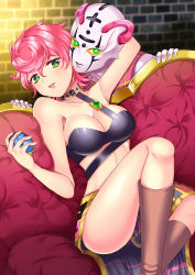 Rule 34 | 1girl, absurdres, arm around neck, arm up, armpits, bandeau, boots, breasts, brick wall, brooch, brown footwear, choker, cleavage, collarbone, couch, curly hair, green eyes, hair between eyes, highres, indoors, jewelry, jojo no kimyou na bouken, leather, leather boots, lips, looking at viewer, medium breasts, midriff, minus sign, parted lips, plus sign, short hair, sitting, skirt, sleeveless, spice girl (stand), strapless, thighs, trish una, tube top, uzura (moimoi), vento aureo