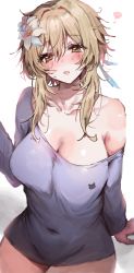 Rule 34 | 1girl, absurdres, animal print, bear print, blonde hair, blush, breasts, cleavage, collarbone, commentary, flower, genshin impact, hair between eyes, hair flower, hair ornament, highres, inusaka, large breasts, long sleeves, looking at viewer, lumine (genshin impact), messy hair, navel, no bra, off shoulder, open mouth, shirt, simple background, solo, translated, wide hips, yellow eyes