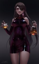 Rule 34 | 1girl, alcohol, bare shoulders, beidou (genshin impact), black hair, black nails, bottle, breasts, dark, detached sleeves, dress, drink, earrings, eyepatch, genshin impact, glass, glass bottle, grin, headband, highres, holding, holding bottle, ice, ice cube, jewelry, latex, latex dress, lips, lipstick, long hair, looking at viewer, m alexa, makeup, medium breasts, nail polish, parted bangs, purple dress, red eyes, signature, smile, solo, thighs, watermark, whiskey