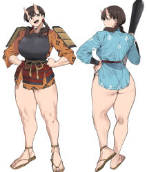 Rule 34 | 1girl, armor, ass, blue kimono, bracer, breasts, brown eyes, brown hair, chest guard, chipped tooth, club (weapon), dungeon meshi, feet, from behind, full body, hair over shoulder, hand on own hip, hands on own hips, head tilt, highres, holding, holding club, holding weapon, horns, inutade, japanese armor, japanese clothes, kimono, kusazuri, large breasts, long hair, looking at viewer, looking to the side, low twintails, mole, mole under eye, multiple views, oni, open mouth, orange kimono, profile, sandals, short kimono, shoulder armor, simple background, skin-covered horns, sleeves past elbows, smile, sode, standing, teeth, thick thighs, thighs, toes, turning head, twintails, underbutt, upper teeth only, urec, weapon, white background