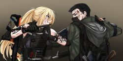 Rule 34 | 1boy, 1girl, aa-12, absurdres, arm tattoo, assault rifle, backpack, bag, battle, black gloves, black hair, blonde hair, blood, blood on clothes, blood on face, blue eyes, commentary, commission, elbow pads, english commentary, foregrip, gas mask, gloves, green eyes, gun, hands up, highres, holding, holding knife, hood, hood down, hooded jacket, jacket, knife, long hair, looking at another, m4 carbine, magazine (weapon), mask, matsu arts, mouth mask, night vision device, open mouth, original, bulletproof vest, ponytail, red eyes, rifle, scar, scar on face, shirt, short hair, shotgun, shotgun shell, smile, tattoo, tom clancy&#039;s the division, upper body, watch, weapon, white shirt, wristwatch