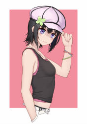 Rule 34 | 1girl, adjusting clothes, adjusting headwear, anarchojs, bare shoulders, belt, black hair, black tank top, blush, boku wa tomodachi ga sukunai, breasts, camisole, casual, clover, commentary request, from side, hair between eyes, hand up, hat, highres, jewelry, medium hair, midriff, mikazuki yozora, necklace, pink camisole, pink hat, purple camisole, purple eyes, small breasts, smile, solo, tank top, upper body, white belt