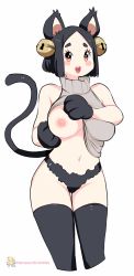 Rule 34 | 1girl, animal ears, animal hands, bell, black eyes, black gloves, black hair, black panties, black thighhighs, blush, blush stickers, breasts, cat ears, cat girl, cat tail, gloves, hair bell, hair ornament, highres, kenron toqueen, lifting own clothes, one breast out, open mouth, original, panties, patreon username, paw gloves, short hair, simple background, smile, solo, tail, teeth, thighhighs, tongue, turtleneck, underwear, upper teeth only, white background