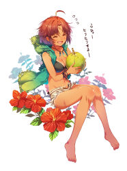 Rule 34 | 1girl, ahoge, barefoot, bikini, black bikini, blue eyes, bracelet, breasts, claws, cleavage, closed eyes, fang, feathers, flower, flying sweatdrops, food, front-tie top, fruit, full body, hibiscus, highres, hood, hoodie, jewelry, mataichi mataro, medium breasts, navel, necklace, open clothes, open mouth, open shorts, red hair, scar, short hair, short shorts, shorts, sitting, smile, sweat, swimsuit, tan, tanline, yuba no shirushi