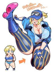 Rule 34 | blonde hair, blue eyes, boots, breasts, capcom, chibi, cleavage, doboshiru, final fight, final fight 3, fingerless gloves, gloves, hat, jacket, kicking, large breasts, lucia morgan, police, police uniform, policewoman, ponytail, shiny skin, short hair, shorts, smile, strapless, street fighter, street fighter v, striped legwear, sunglasses, sunglasses on head, thick thighs, thighhighs, thighs, tube top, undershirt, uniform, vest