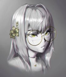 Rule 34 | 1girl, android, commentary, english commentary, eyebrows hidden by hair, flower, glasses, grey background, hair flower, hair ornament, highres, indie virtual youtuber, looking ahead, metal skin, parted lips, ribbed sweater, round eyewear, science fiction, silver hair, solo, sweater, the cecile (vtuber), upper body, virtual youtuber, yellow eyes, yormund