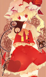 Rule 34 | 1girl, ascot, blonde hair, bow, demon tail, female focus, flandre scarlet, hat, hat ribbon, mob cap, parted lips, red eyes, red skirt, red vest, ribbon, skirt, solo, striped background, striped ribbon, tail, thighhighs, touhou, vest, wings