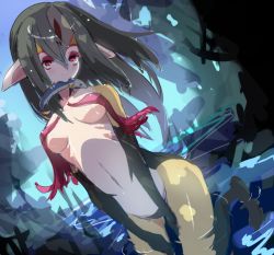 Rule 34 | 1girl, ao no roku-gou, ao no roku-gou, breasts, colored skin, facial mark, fish, forehead mark, inaba48111, long hair, looking at viewer, monster girl, multicolored skin, mutio, navel, pointy ears, red eyes, solo, therianthrope, water, white skin, yellow skin