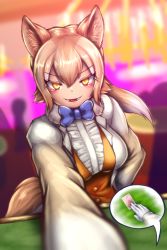 Rule 34 | 1girl, absurdres, animal ear fluff, animal ears, blonde hair, blue bow, blue bowtie, blush, bow, bowtie, breasts, brown hair, card, casino, center frills, commentary request, croupier, dingo (kemono friends), dog ears, dress, fangs, formal, frills, fur collar, gloves, h-kana canisdirs, hair between eyes, highres, kemono friends, light brown hair, long hair, long sleeves, looking at viewer, multicolored hair, open mouth, shirt, smile, tail, tuxedo, waistcoat, white hair, white shirt, wolf ears