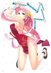 Rule 34 | 1girl, backless dress, backless outfit, breasts, china dress, chinese clothes, clothes between thighs, dragon print, dress, earrings, flower, hair flower, hair ornament, jewelry, long hair, maeda risou, nunchaku, original, parted lips, pink hair, simple background, solo, weapon, white background