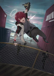 Rule 34 | 1girl, 4boys, :d, absurdres, arknights, black footwear, black gloves, black pantyhose, black skirt, chain-link fence, cloud, cloudy sky, container, day, detached wings, energy wings, exusiai (arknights), fence, finger on trigger, fingerless gloves, formal, full body, gloves, grey shirt, gun, halo, highres, holding, holding gun, holding weapon, jacket, jumping, long sleeves, multiple boys, nekoreito, open clothes, open jacket, open mouth, outdoors, pantyhose, red eyes, red hair, running, shirt, shoes, short hair, skirt, sky, smile, sneakers, submachine gun, suit, weapon, white jacket, wings