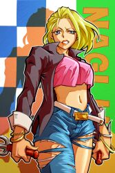 Rule 34 | 1girl, blonde hair, blue eyes, breasts, clenched teeth, denim, highres, jeans, jewelry, large breasts, lipstick, looking at viewer, makeup, midriff, nagi hojo, navel, okeko, open clothes, pants, shirt, short hair, solo, teeth, torn clothes, torn pants, weapon