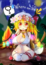 Rule 34 | 1girl, alternate breast size, blonde hair, blush, breasts, campfire, flandre scarlet, forest, hat, highres, large breasts, nature, necktie, red eyes, rindou (p41neko), solo, text focus, touhou, wings