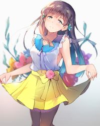 Rule 34 | 1girl, bad id, bad twitter id, bare shoulders, black hair, blunt bangs, blush, braid, breasts, brown eyes, closed mouth, collarbone, collared shirt, cowboy shot, flower, gradient background, hair flower, hair ornament, holding, holding clothes, holding skirt, idolmaster, idolmaster cinderella girls, kobayakawa sae, lace, lace-trimmed collar, lace trim, long hair, looking at viewer, medium breasts, pantyhose, pink flower, pink rose, ribbon, rose, shirt, simple background, skirt, skirt hold, smile, solo, standing, straight hair, ultone (neisiss), white shirt, yellow skirt