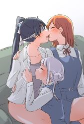 Rule 34 | 3girls, arashi chisato, arms behind back, between legs, black hair, blindfold, blush, breast sucking, breast sucking through clothes, breasts, cleavage, closed eyes, collarbone, commentary request, couch, crossed legs, double bun, french kiss, group sex, hair bun, hair ribbon, hand on another&#039;s shoulder, hand on another&#039;s waist, hazuki ren, highres, kikorinolily, kiss, love live!, love live! superstar!!, medium breasts, medium hair, multiple girls, on couch, open clothes, open shirt, orange hair, partially undressed, ponytail, restrained, ribbon, saliva, school uniform, shibuya kanon, shirt grab, sitting, small breasts, threesome, twitching, undressing another, white background, white hair, yuigaoka school uniform, yuri