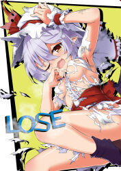 Rule 34 | 1girl, ;o, akisome hatsuka, alternate breast size, armpits, black footwear, breasts, english text, fang, hand on headwear, hat, light purple hair, looking at viewer, medium breasts, mob cap, one eye closed, open mouth, pointy ears, red eyes, remilia scarlet, short hair, skin fang, solo, torn clothes, touhou, white hat, wrist cuffs
